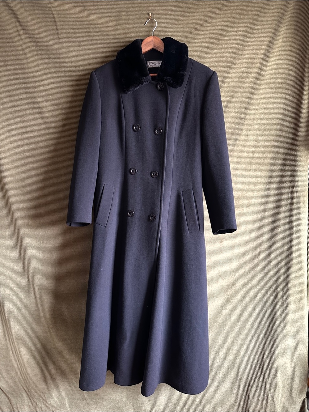 1980s Wool Blend Maxi Coat Black Double Breasted Faux Fur Collar Made in Canada